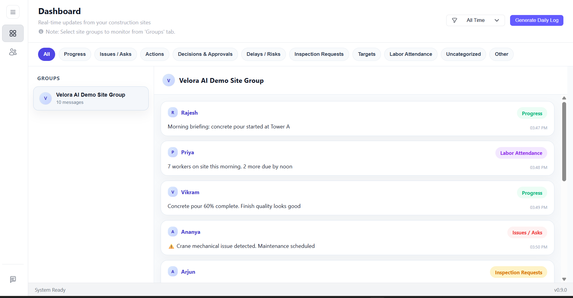 Velora AI showing categorised site messages grouped by progress, issues, attendance, and commitments