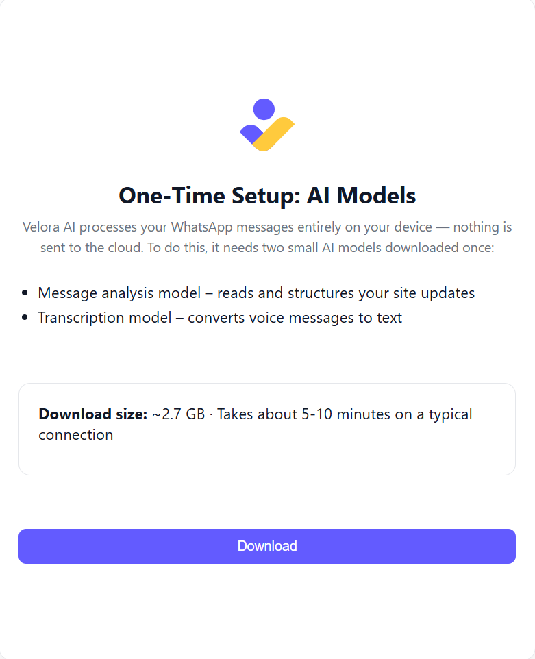 Velora AI showing an initial screen as it begins downloading the AI model