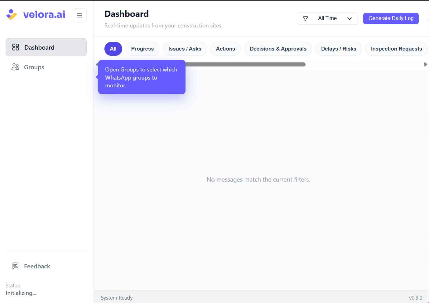 Velora AI Desktop App with the Groups tab highlighted in the navigation