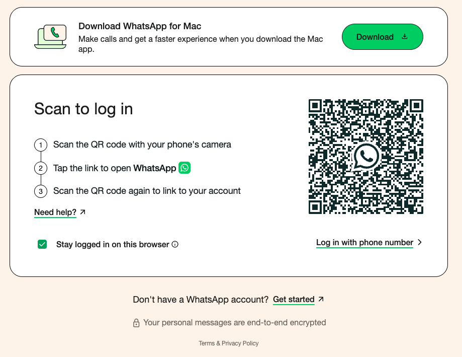 WhatsApp Web QR Scan screen on Chrome browser to connect WhatsApp account