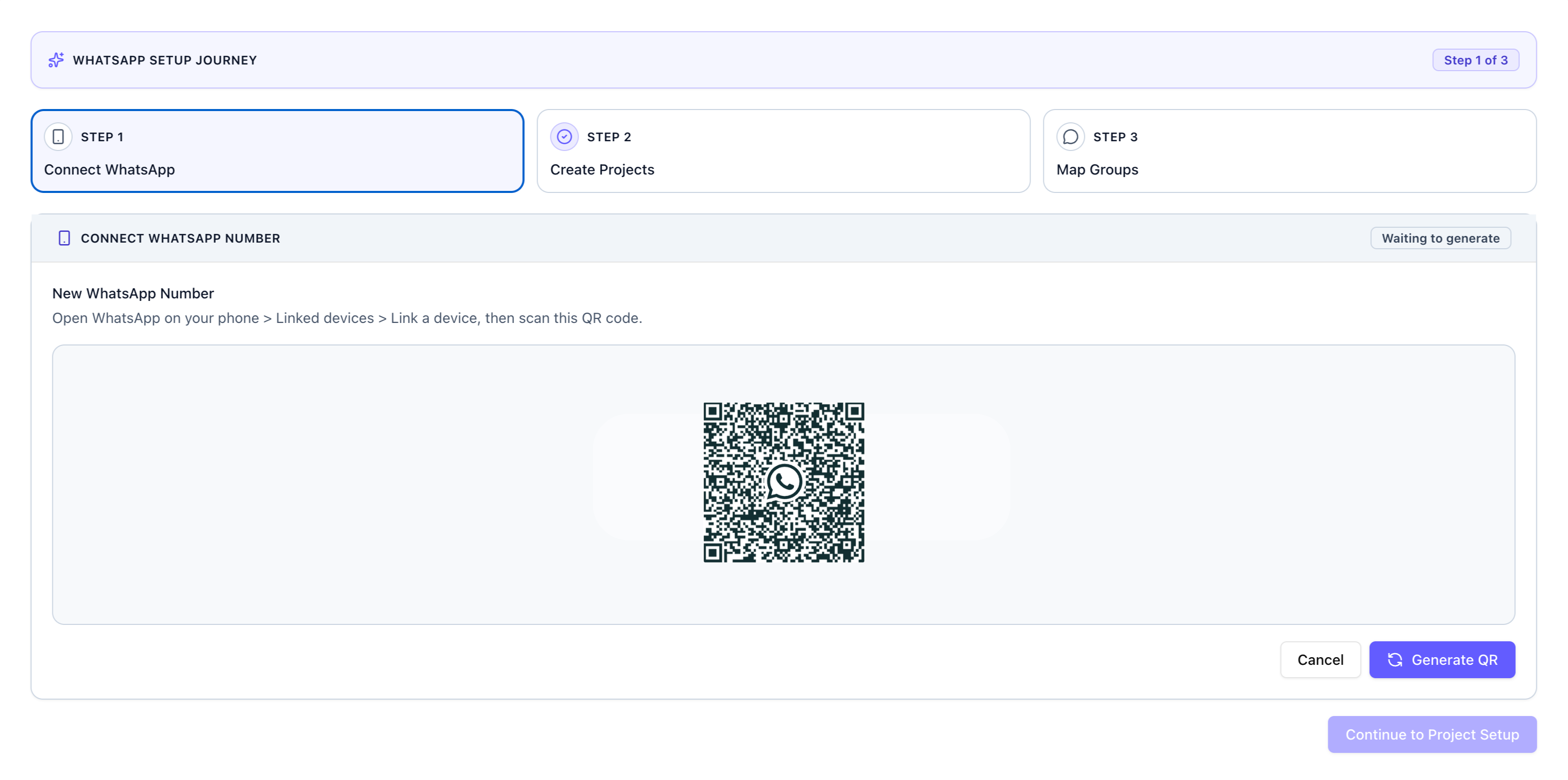 Velora Site Pro WhatsApp connection screen showing a QR code to scan from your phone