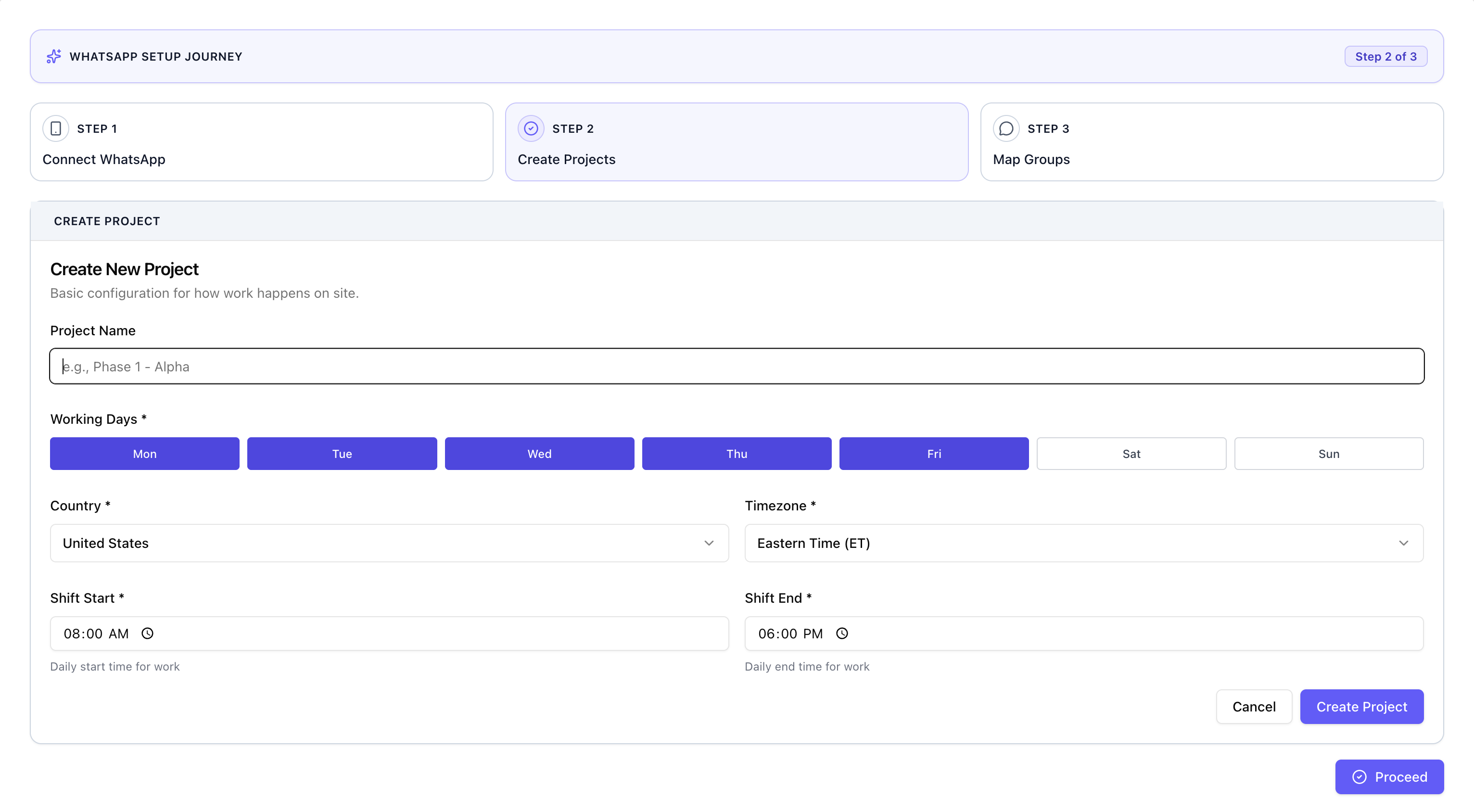 Velora Site Pro project creation screen with fields for project name, work days, shift timings, country, and timezone