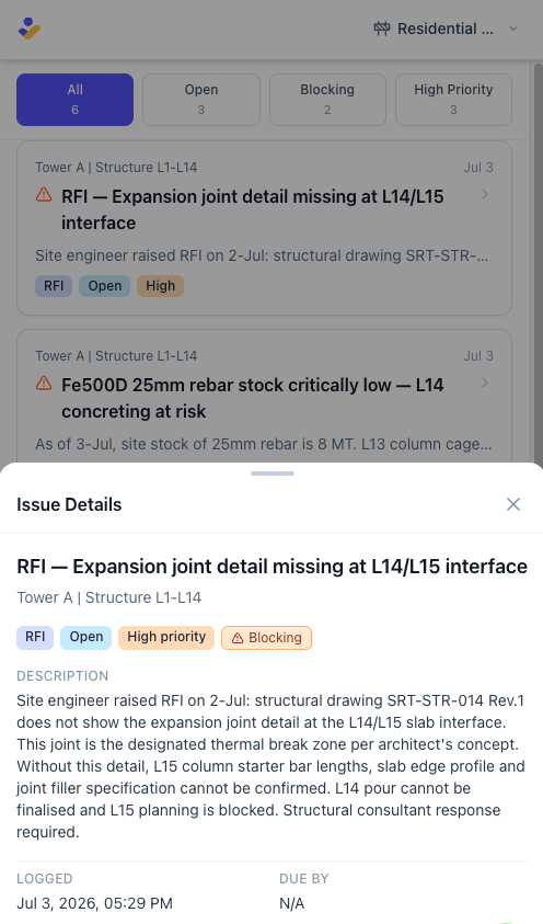 Mobile Issues list with filter chips and a detail sheet